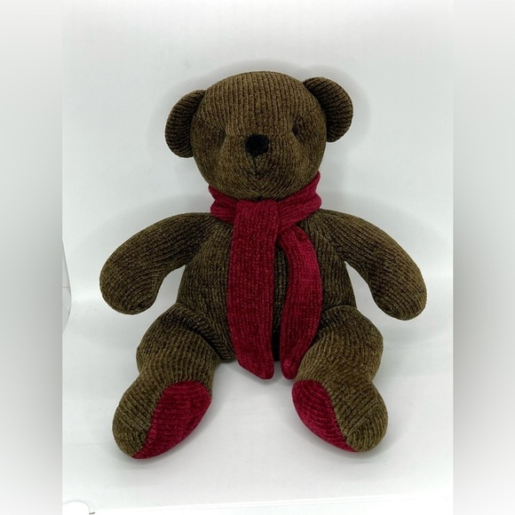 Pottery Barn Chenille Bear Olive Green Teddy 12" Plush Scarf Stuffed Bean Filled - Picture 1 of 5